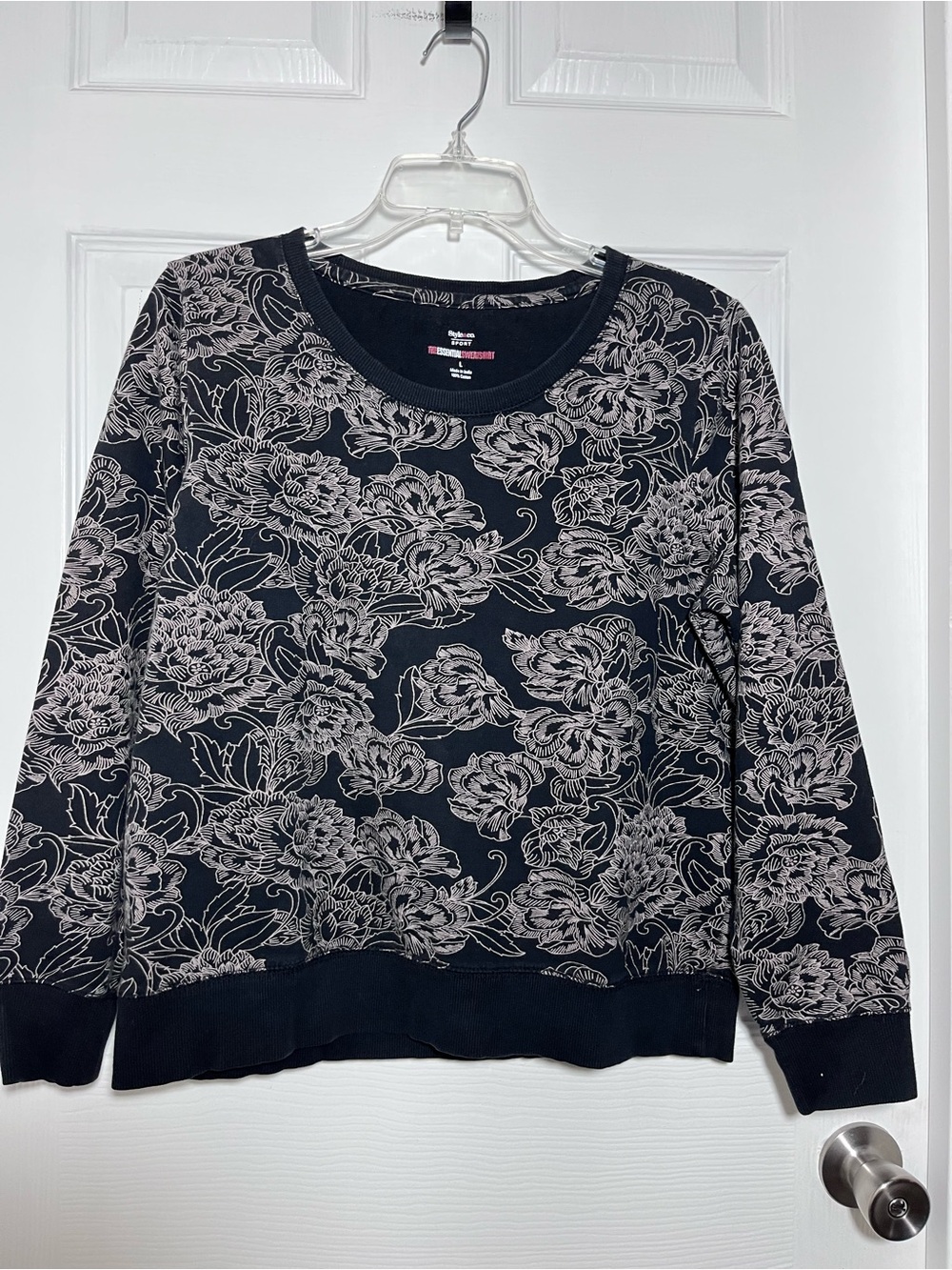 Style & Co. Sport Black Floral French Terry Cropped Crewneck Sweatshirt